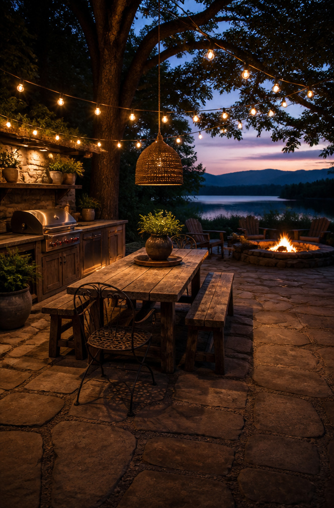 Outdoor kitchen with warm string lights and a wooden farmhouse table.