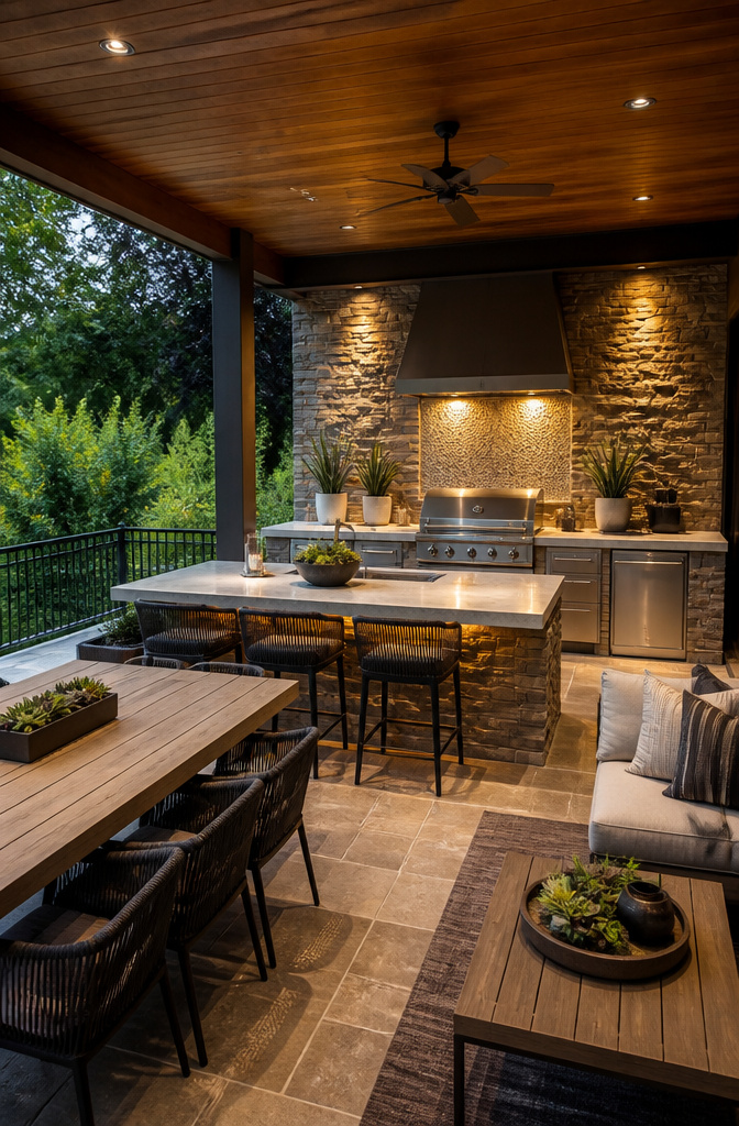 A cozy pavilion outdoor kitchen with stone finishes and a wood ceiling.