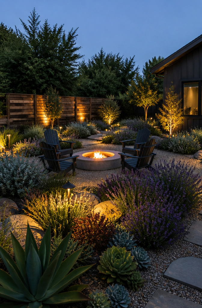 Low-growing plants like lavender and succulents near a fire pit.