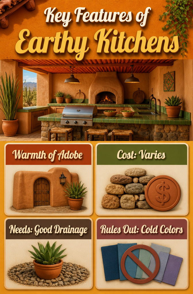 Key features of an earthy outdoor kitchen with adobe walls and clay tiles.