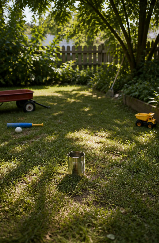 A coffee can placed on grass for the game Kick the Can.