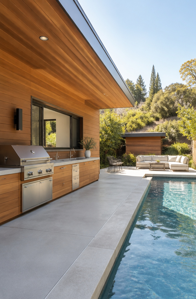 A poolside outdoor grill station with red cedar cladding and a small window.