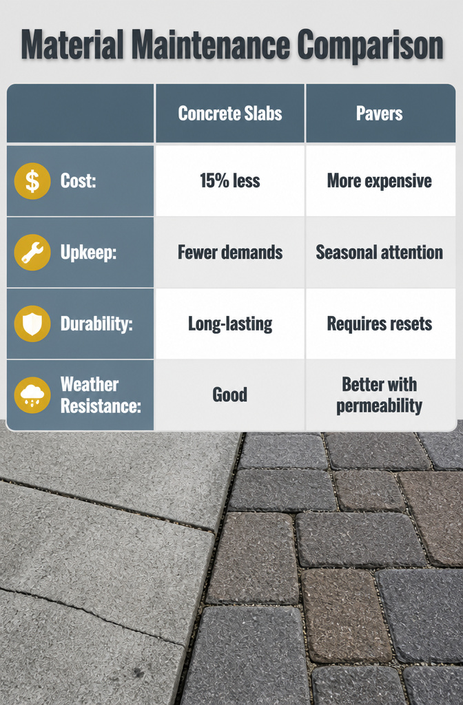 An information image comparing maintenance of concrete slabs and pavers.