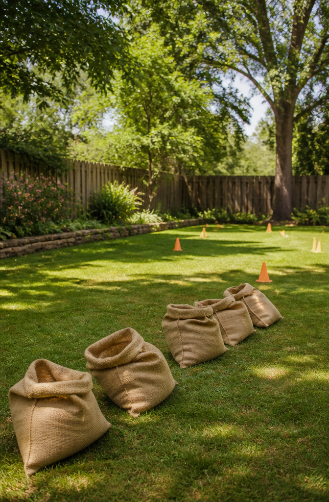 Burlap sacks placed along a grassy starting line.