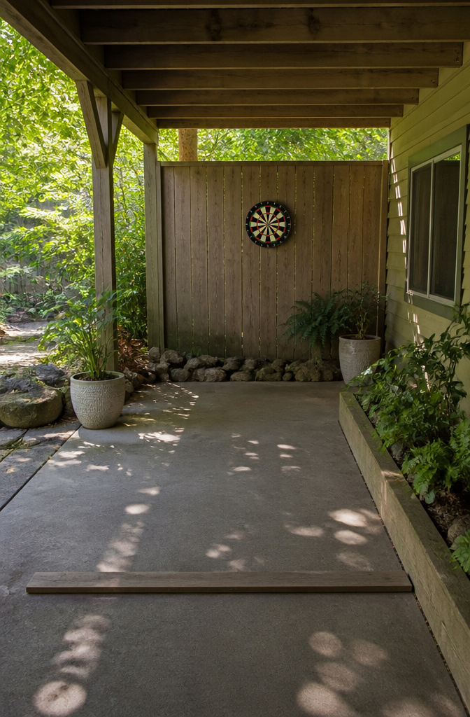 A dartboard mounted under a gazebo with measurements for placement.