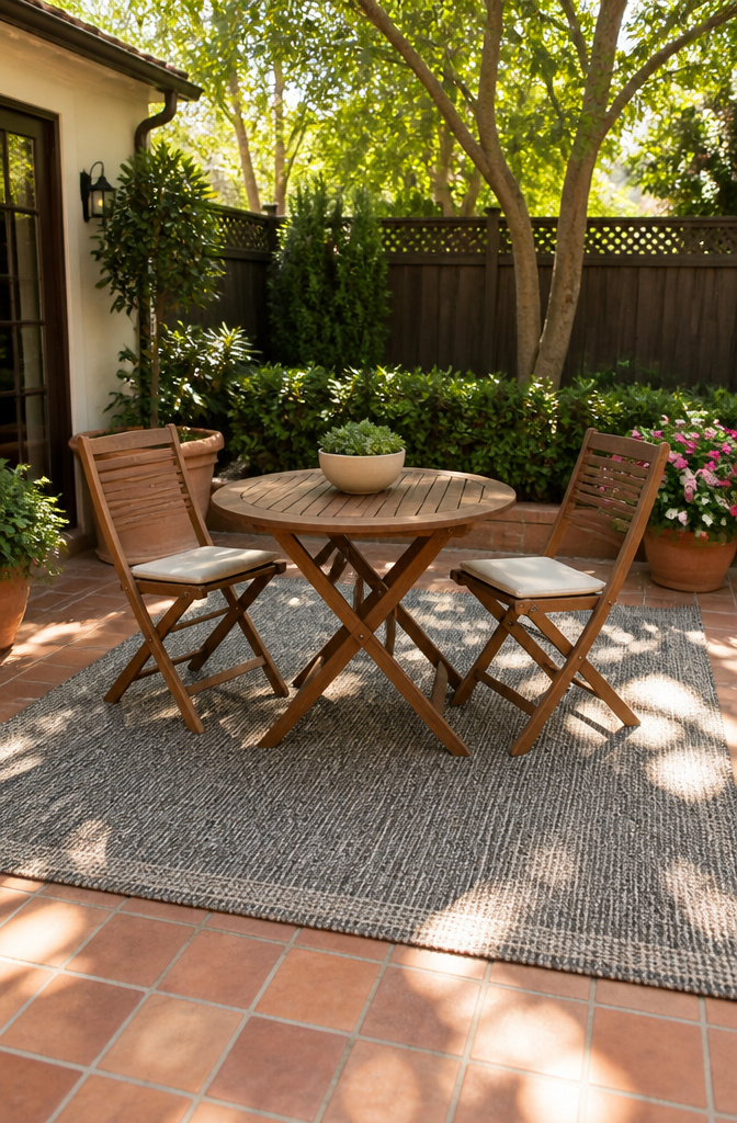 10 Outdoor Space Ideas for 2026: Backyard Design & Decor Tips 2 A gray outdoor rug under a bistro table and chairs.