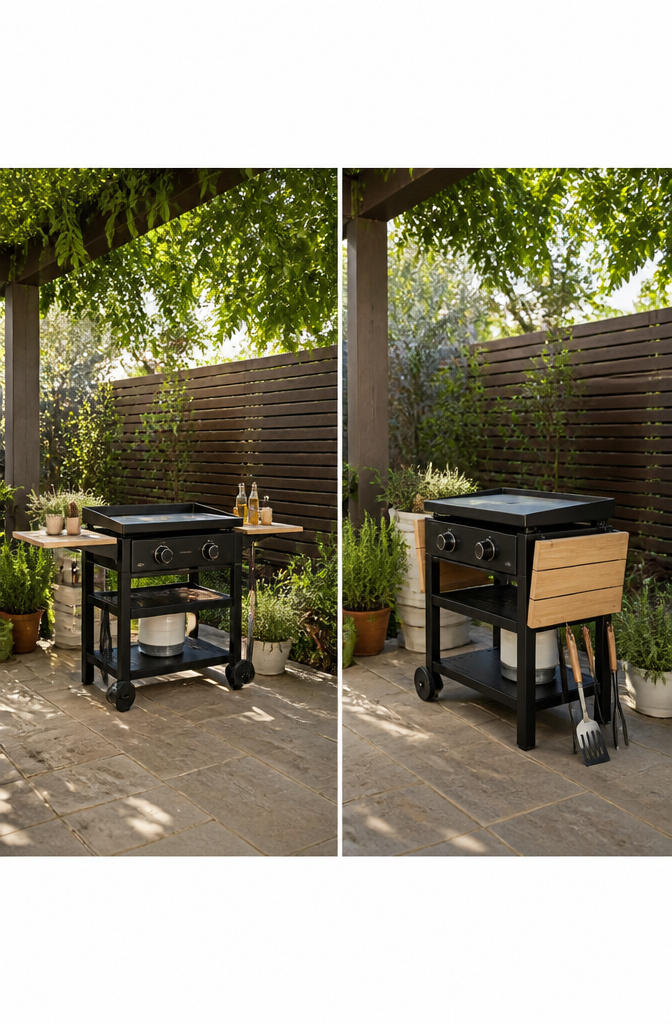 Hinged side tables attached to a Blackstone griddle.