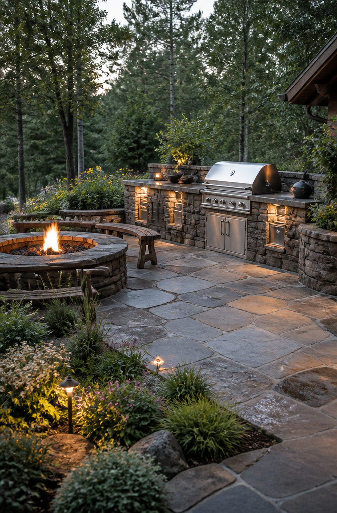 Stone grill station made from aged fieldstone with a fire pit.