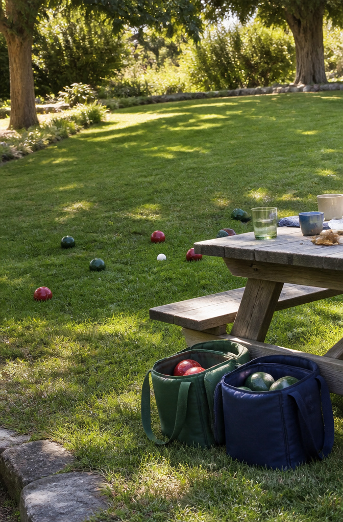 Bocce balls and a pallino on a grassy area.