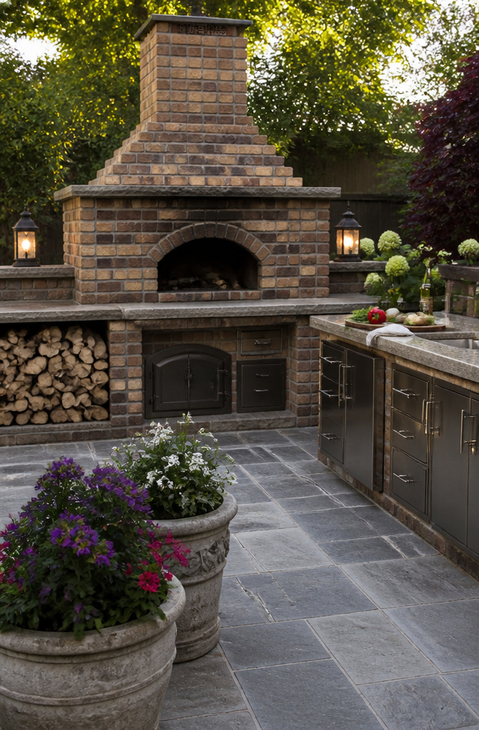 Brick oven surrounded by a stone countertop and stacked logs.