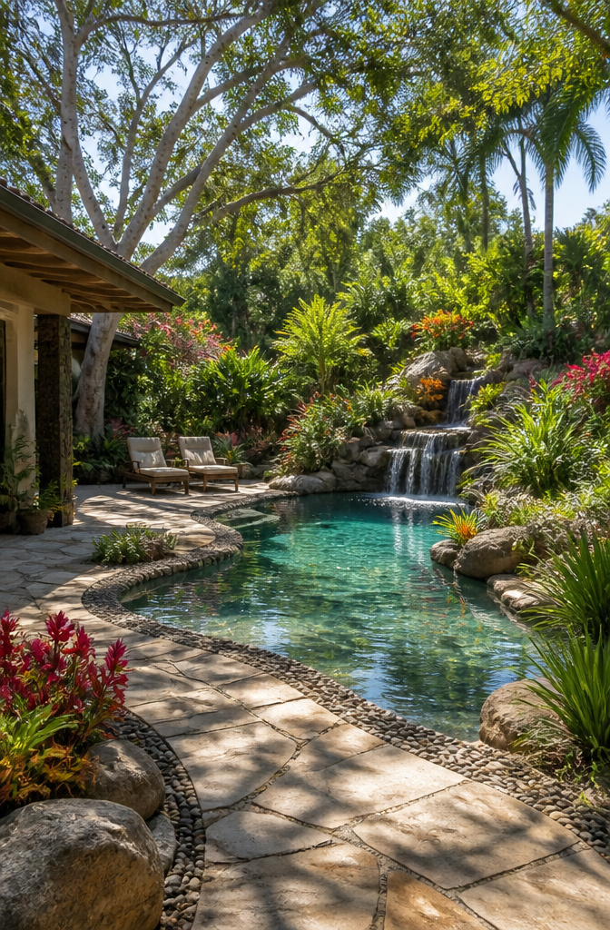Organic freeform pool surrounded by rock formations and plantings.