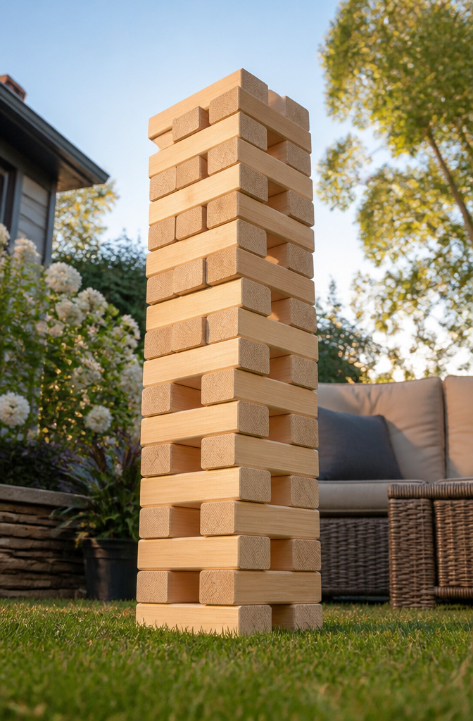 A tall tower of Jenga blocks set on a lawn.