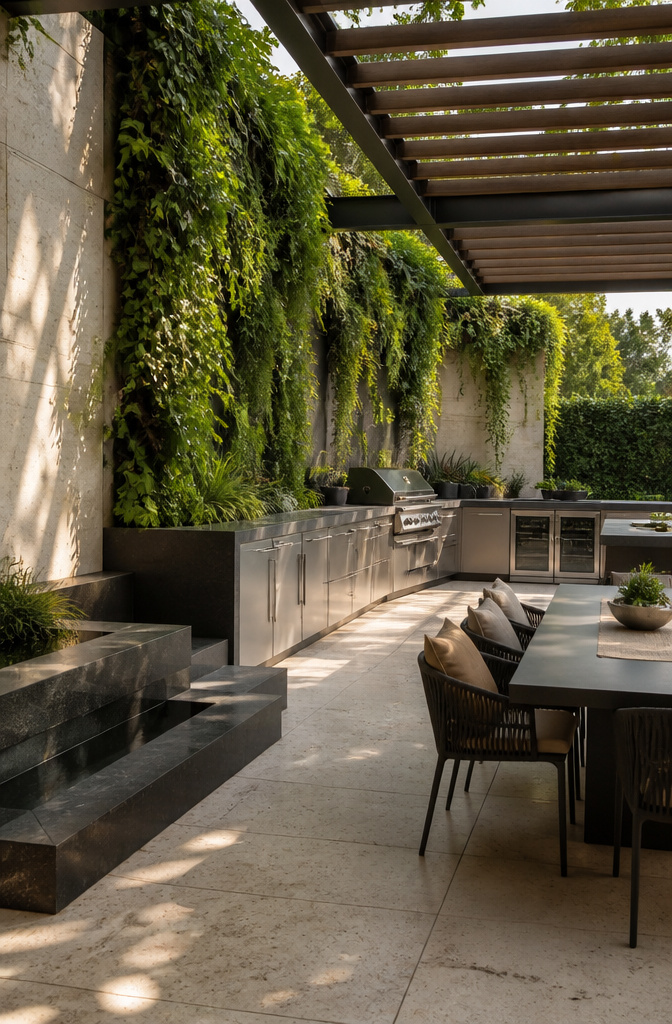 Vining plants on a wall behind an outdoor kitchen grill.