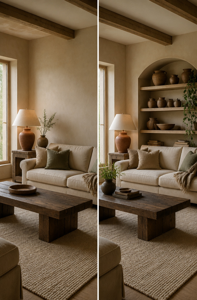 A rustic interior featuring warm beige and brown color palettes.
