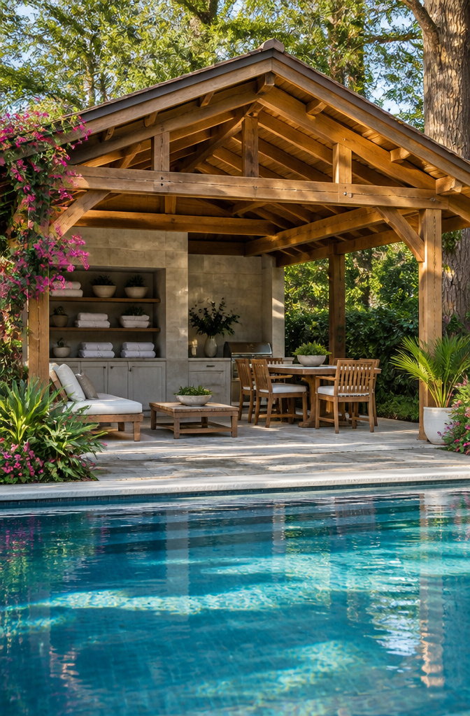 Pool pavilion featuring lounge chairs and a dining table near a swimming pool.