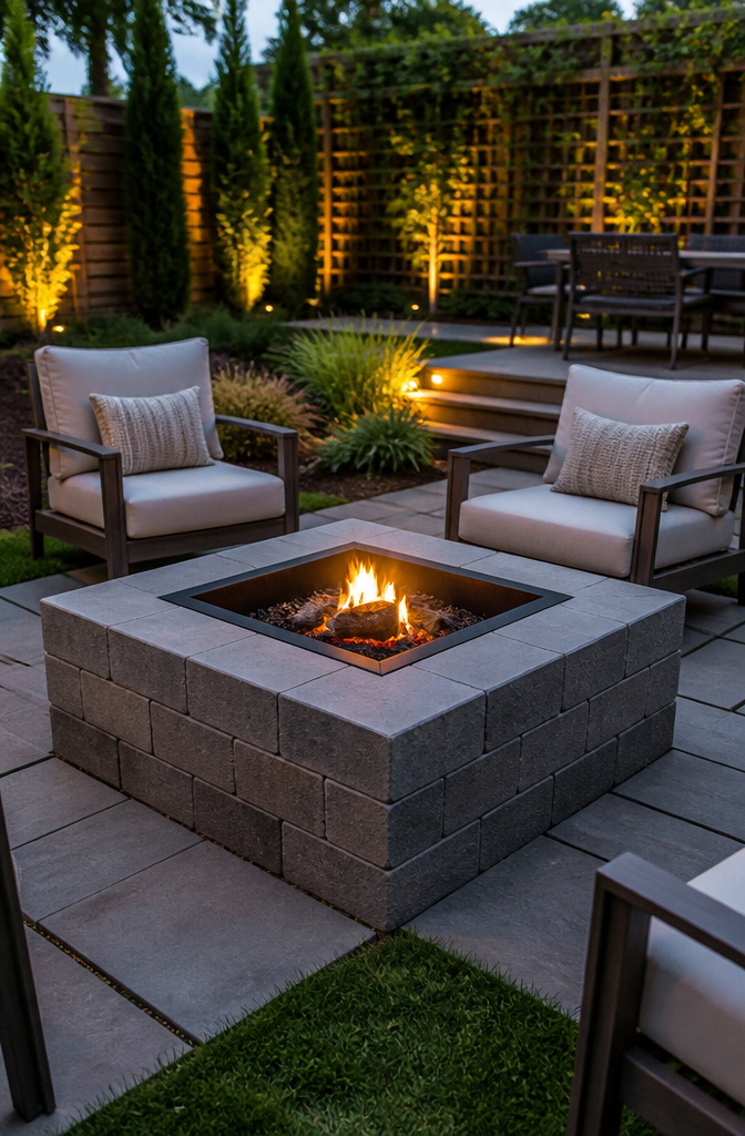 A square fire pit made of retaining blocks surrounded by a landscaped yard.