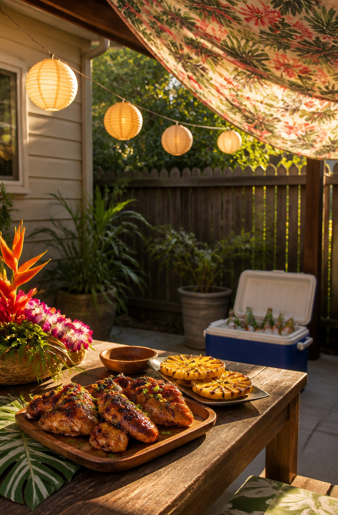 Wooden table with Huli huli chicken and charred pineapple slices.
