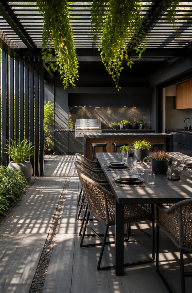 A contemporary pergola kitchen with a black slatted framework and dining area.