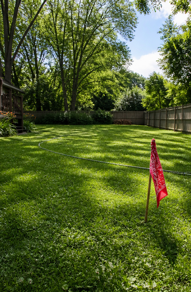 A flag made from a bandana tied to a stick in a yard.