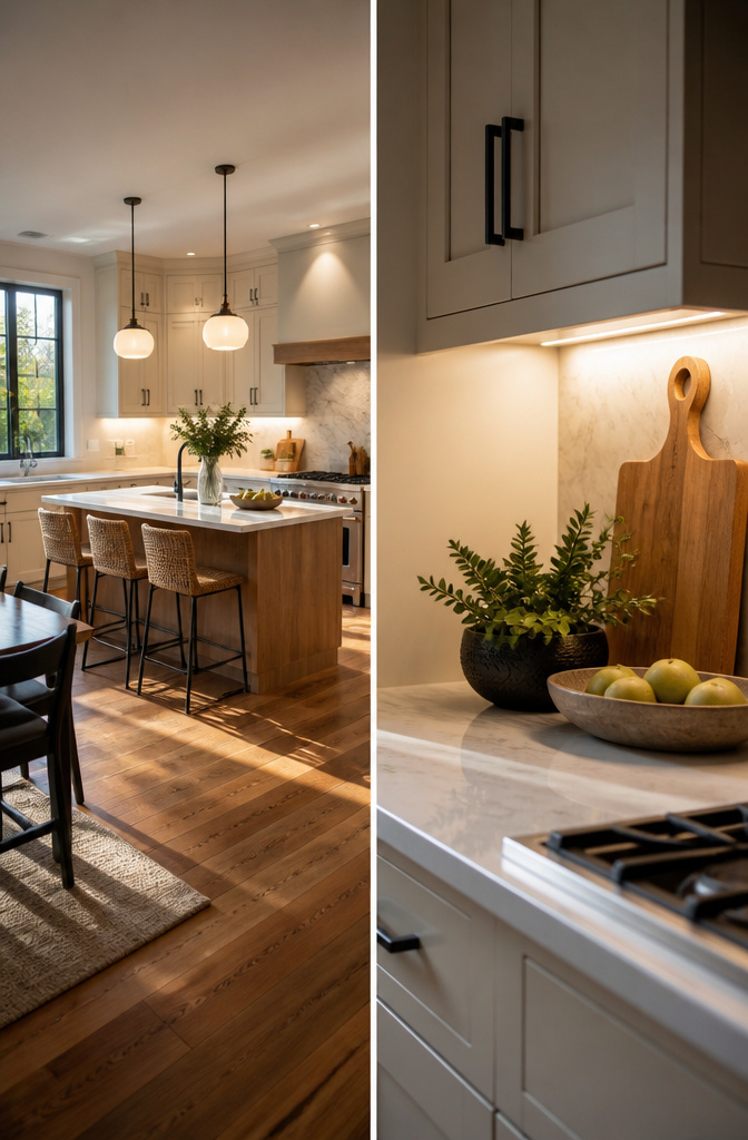A kitchen with various light sources creating a warm atmosphere.