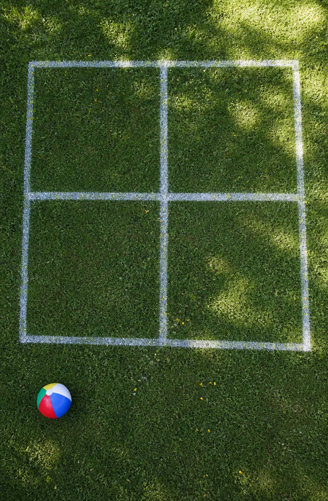 Four Square court drawn on a hard surface with a playground ball.