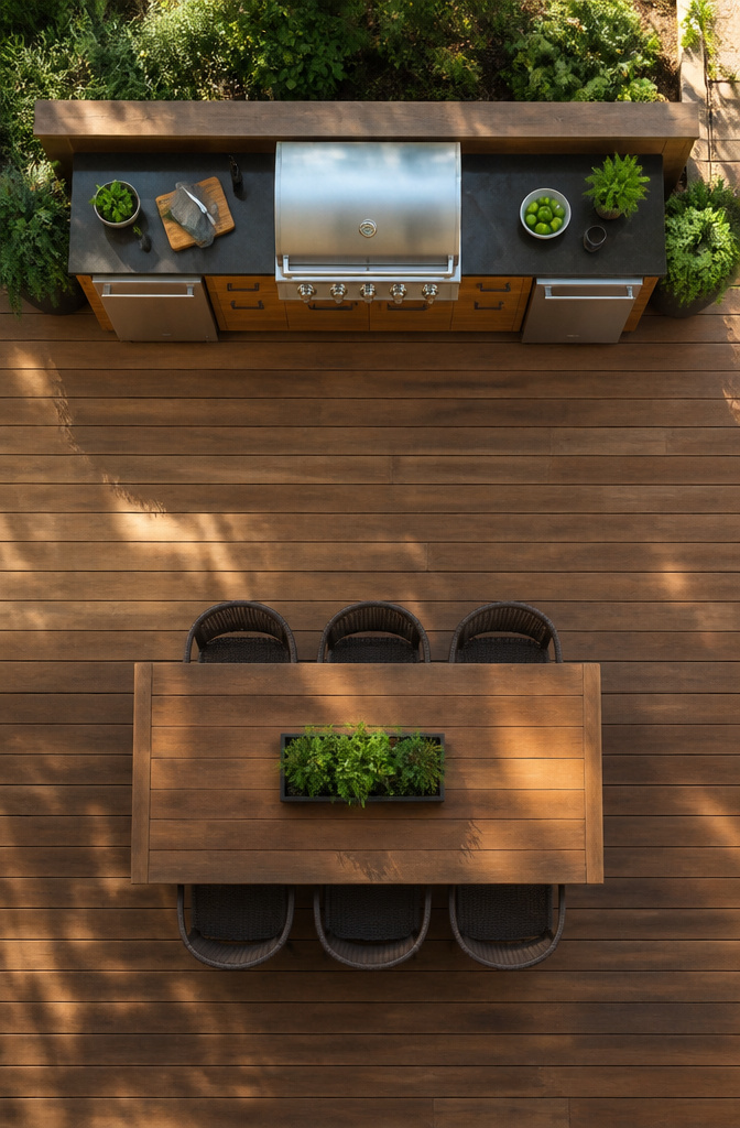 An outdoor kitchen with a symmetrical layout around a central grill.