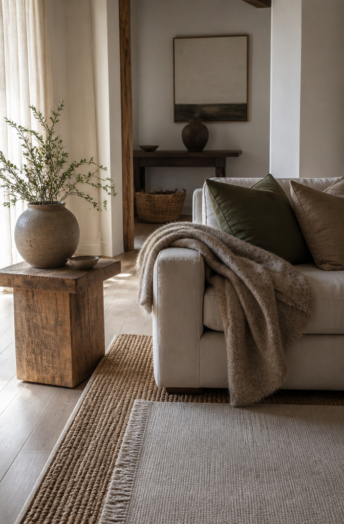 A layered couch scene with wool and linen fabrics.