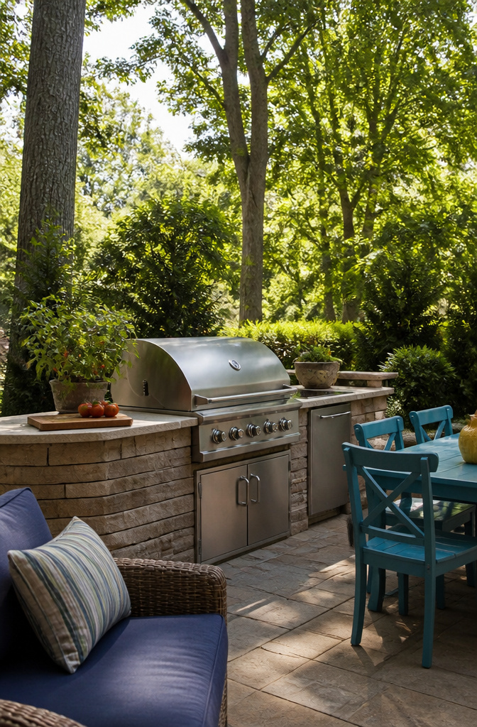 A versatile built-in grill surrounded by colorful garden furniture.
