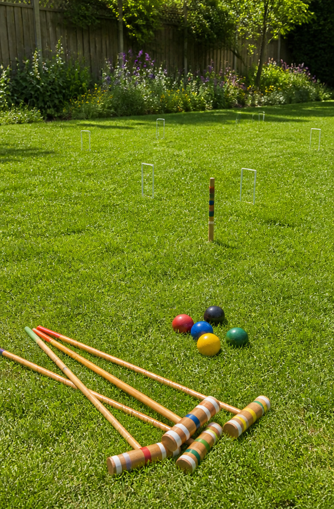 Croquet mallets and balls arranged on a green lawn.