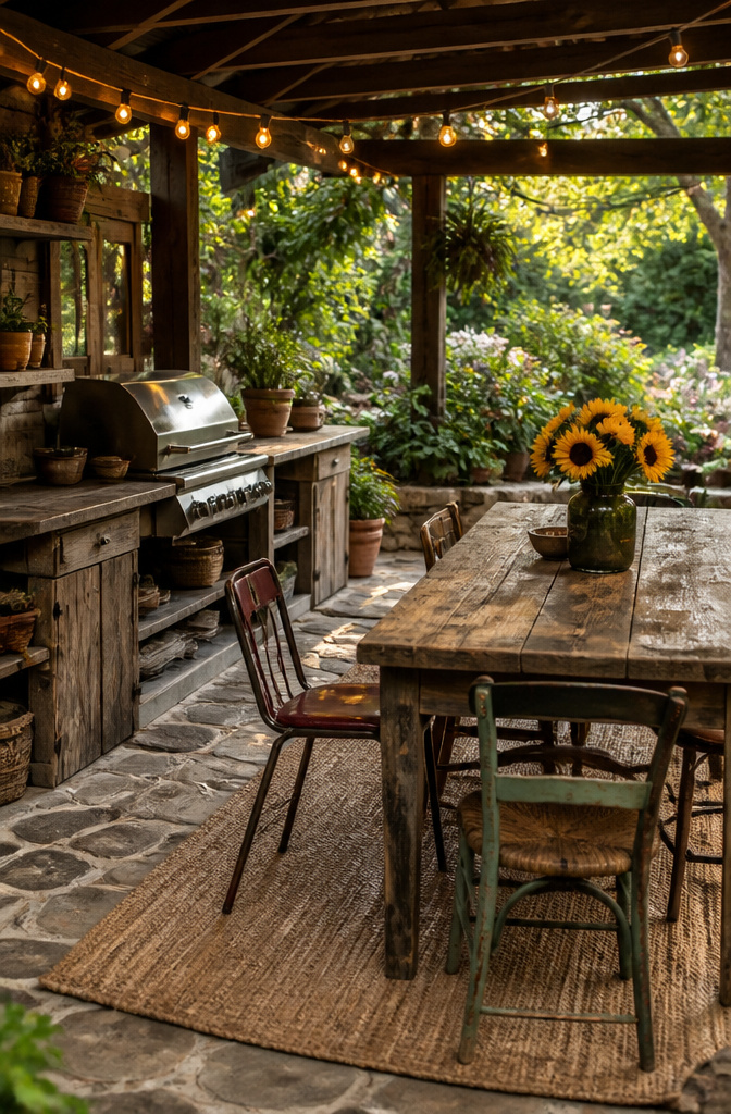 Bohemian rustic outdoor kitchen with reclaimed wood counters and eclectic chairs.
