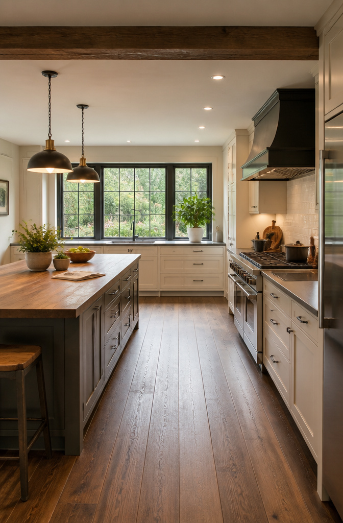 A spacious kitchen layout demonstrating proper aisle width for accessibility.