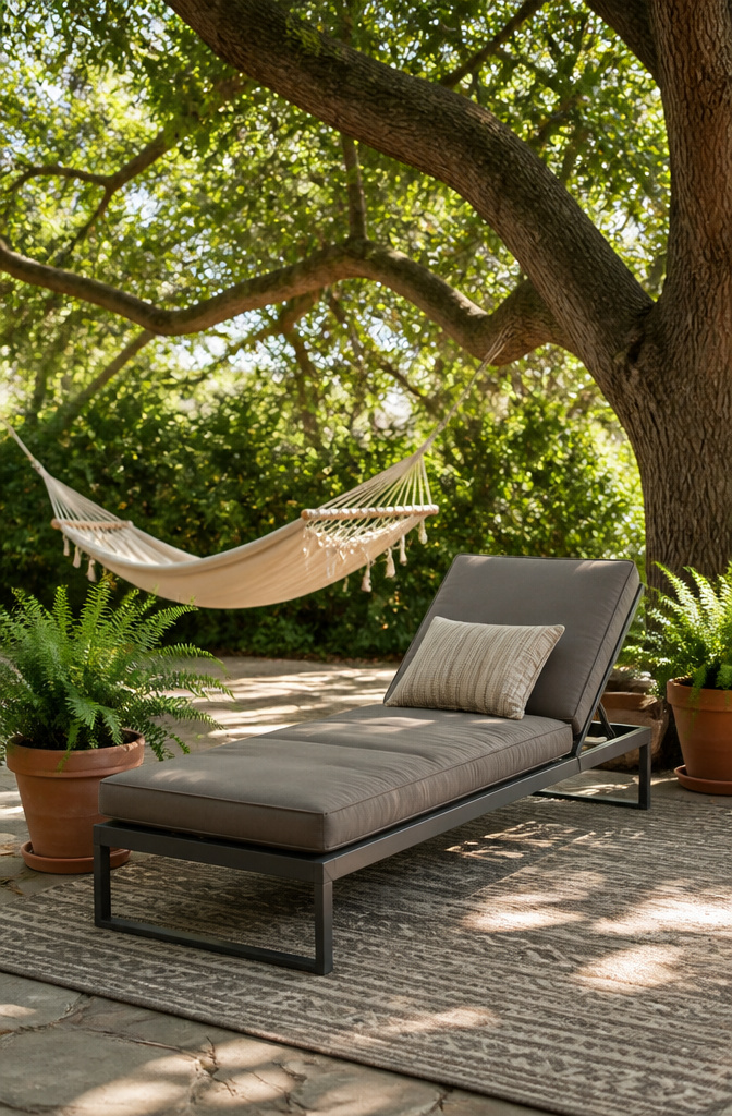 A chaise lounge and hammock under a tree in a garden.