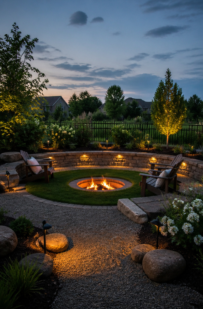 An in-ground fire pit flush with the lawn, surrounded by grass.