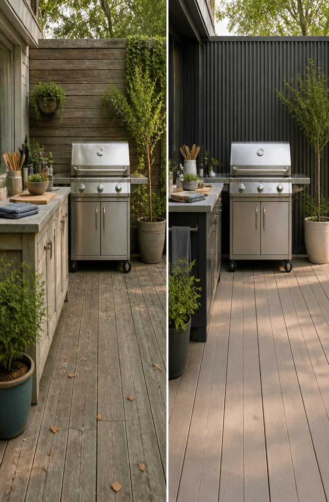 A freestanding grill and built-in units in an outdoor kitchen.