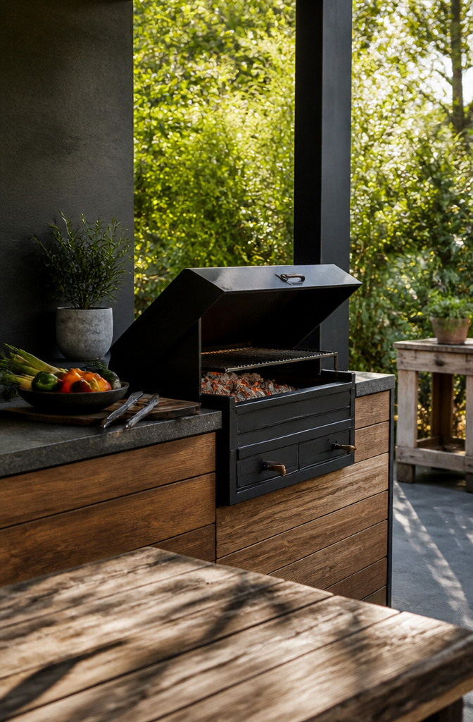 Built-in charcoal grill with glowing embers and fresh vegetables nearby.