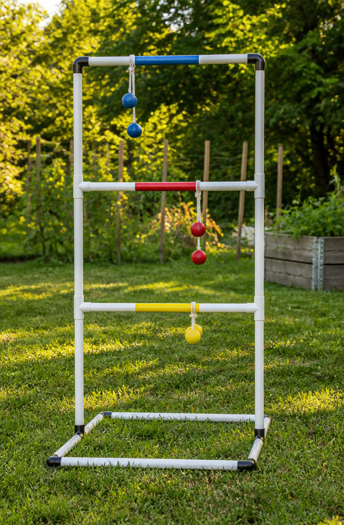 A DIY Ladder Toss game with PVC frame and colorful bolas.