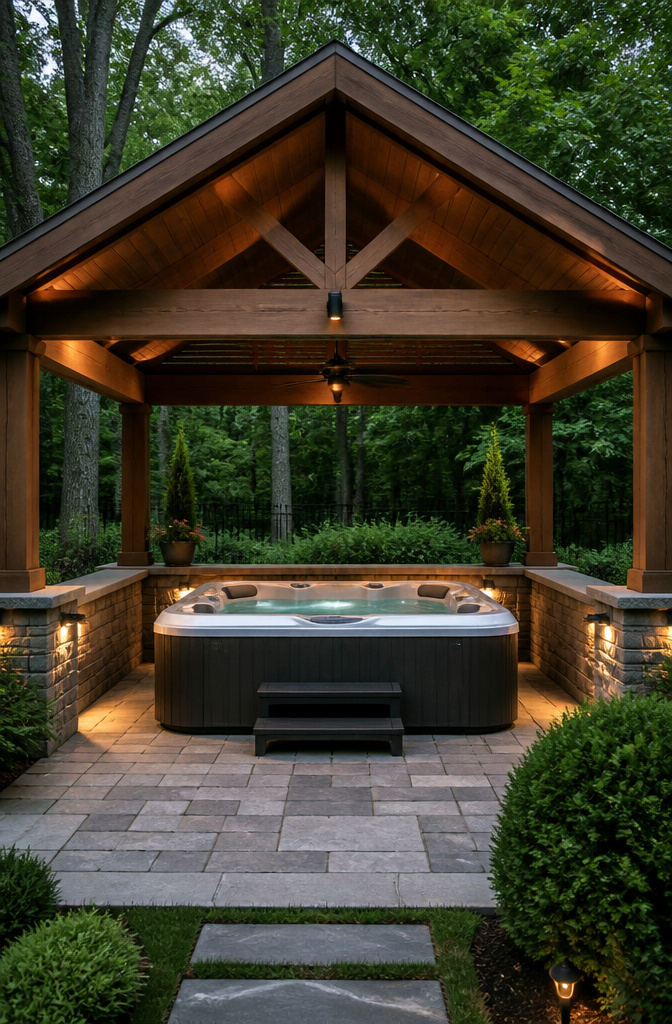 Hot tub pavilion showcasing a stone base and elegant lighting for relaxation.