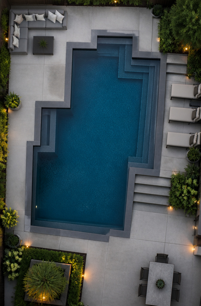 Geometric pool featuring structured steps and straight edges.