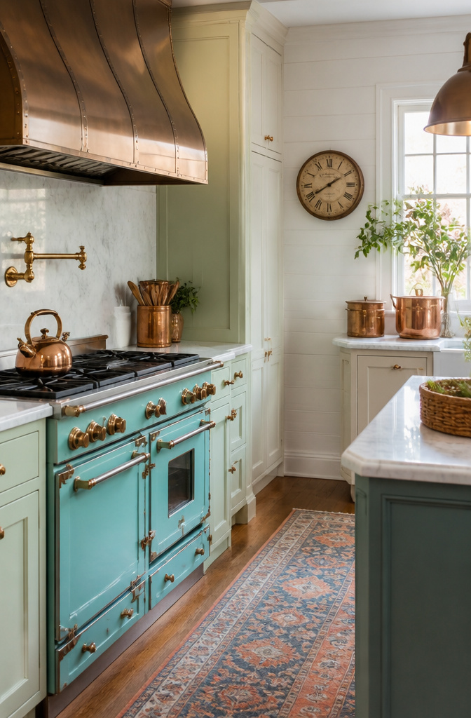 A kitchen featuring an aqua range, pastel cabinetry, and marble countertops.