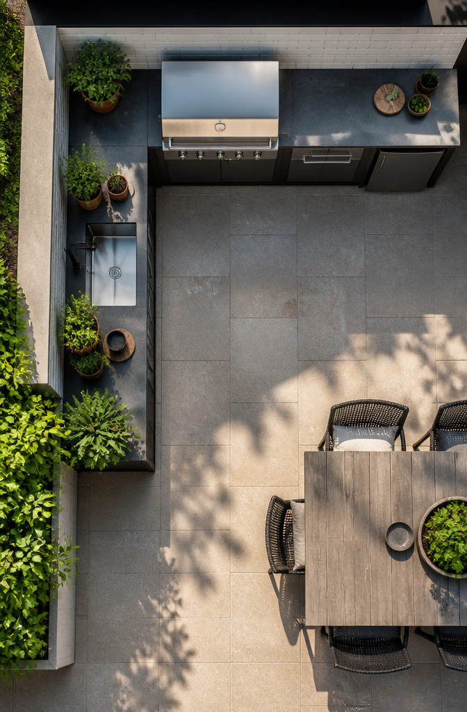 An L-shaped outdoor kitchen with cabinets and a grill.