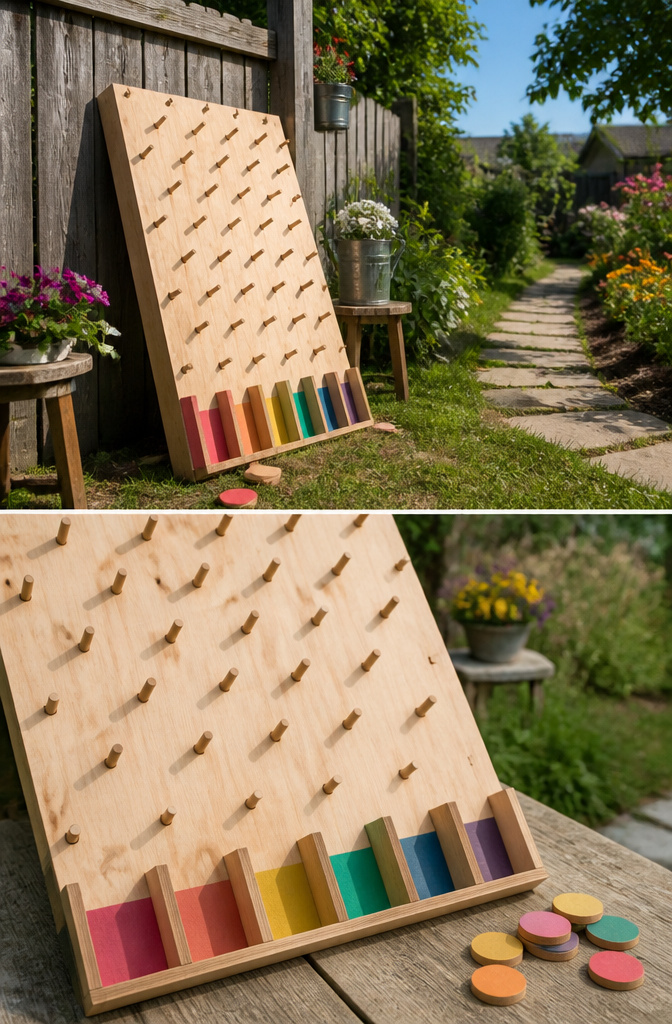 A Plinko game board made with plywood and dowels.