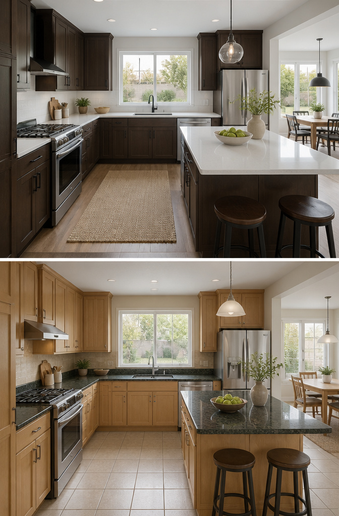 A U-shaped kitchen design featuring three walls of cabinetry and counters.