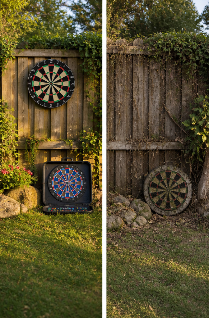 A selection of bristle dartboards suitable for outdoor use.