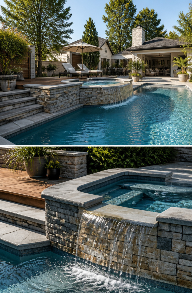 Raised spa with cascading water flowing into the main pool.