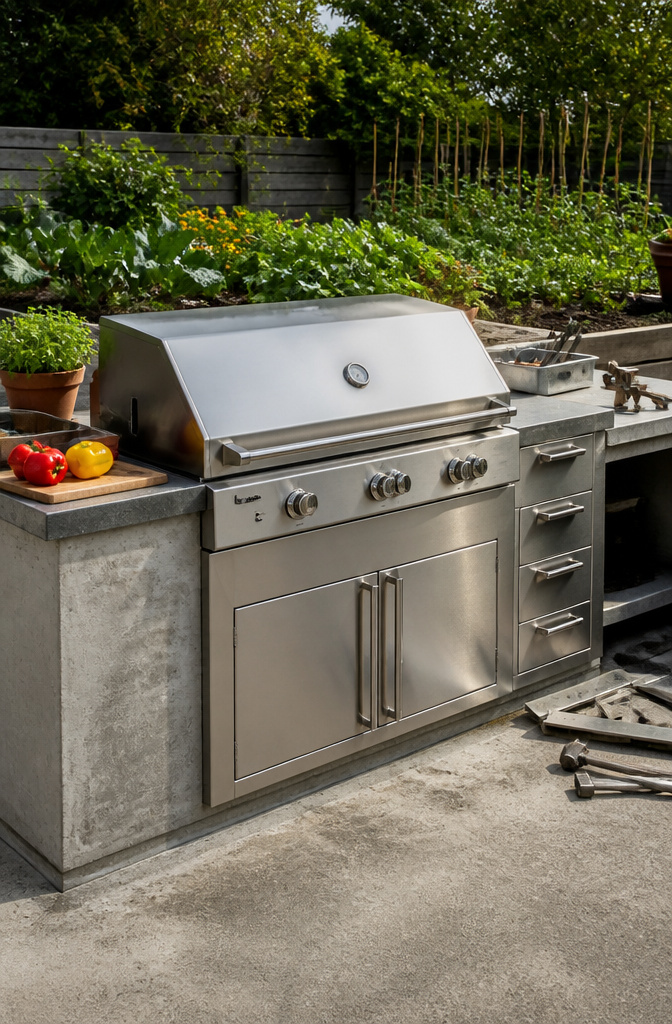 A robust built-in grill made of 304 stainless steel on a concrete slab.