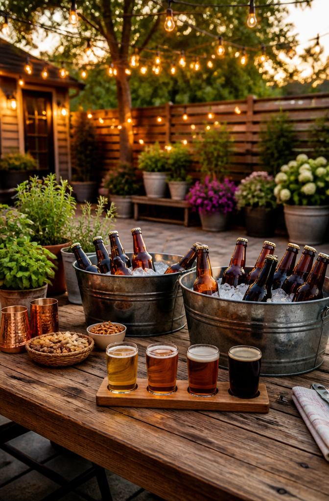 Rustic table with craft beers and tasting glasses for a beer bash.