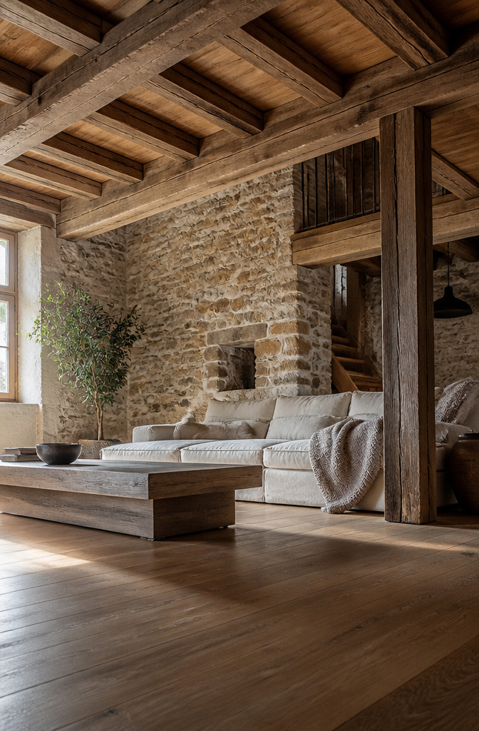 A rustic living room with exposed wooden beams and a stone wall.