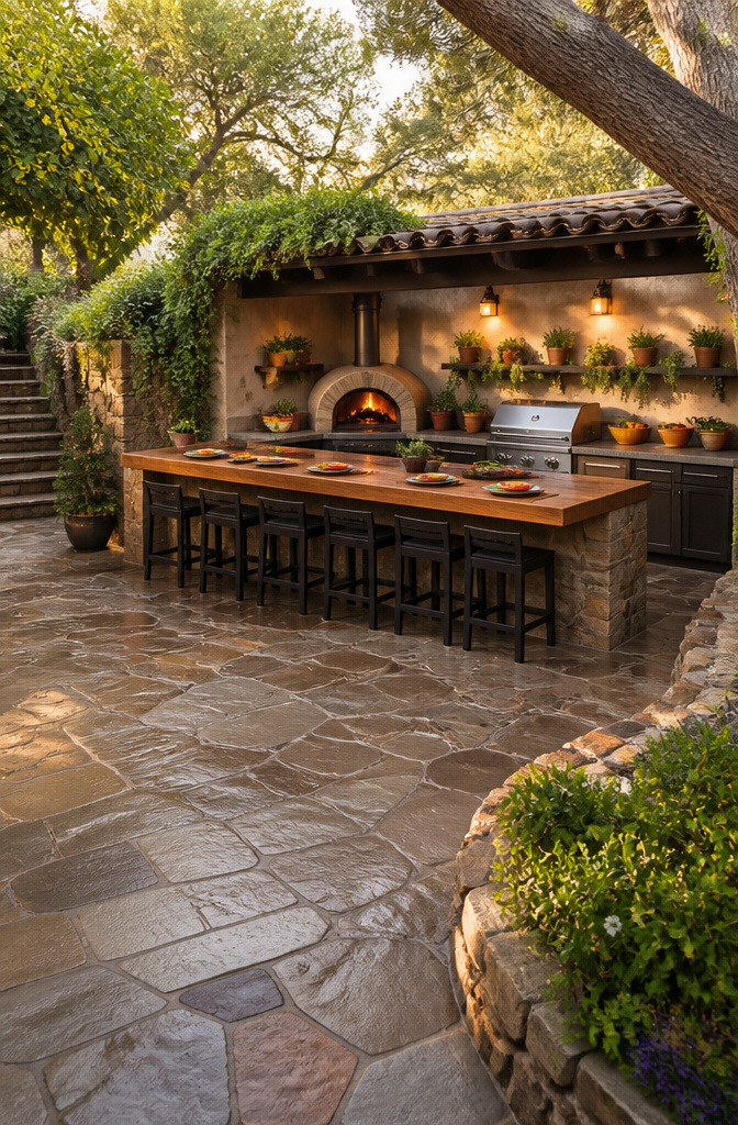 Outdoor kitchen with bar seating and a spacious counter area.