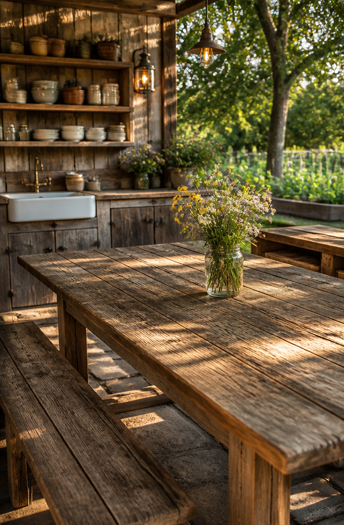Farmhouse outdoor kitchen with apron-front sink and large rustic table.