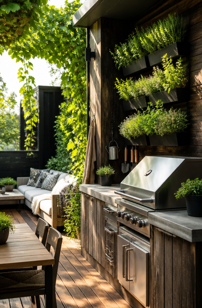 A vertical planter with herbs mounted on a wall beside a grill.